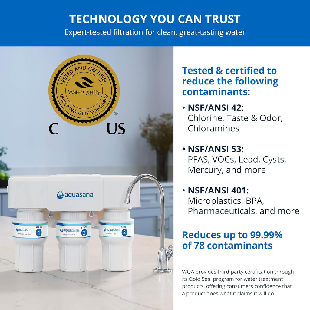 Aquasana Under Sink Water Filter | 3-Stage Filtration | Certified to Reduce up to 99.99% of PFAS, Lead, Chlorine, & More | Under Counter Drinking Water Filter | Brushed Nickel Faucet | AQ-6300-BN