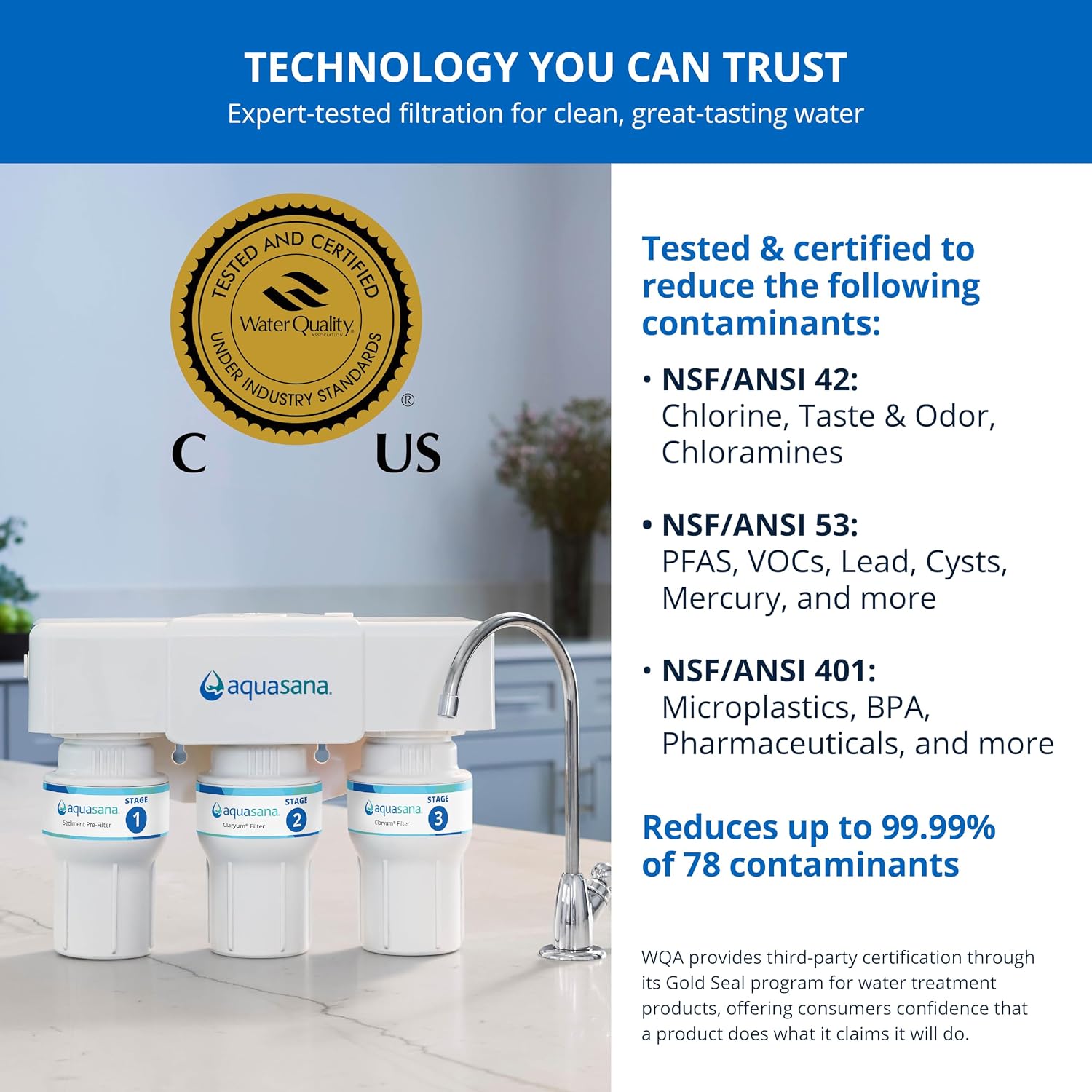 Aquasana Under Sink Water Filter | 3-Stage Filtration | Certified to Reduce up to 99.99% of PFAS, Lead, Chlorine, & More | Under Counter Drinking Water Filter | Brushed Nickel Faucet | AQ-6300-BN