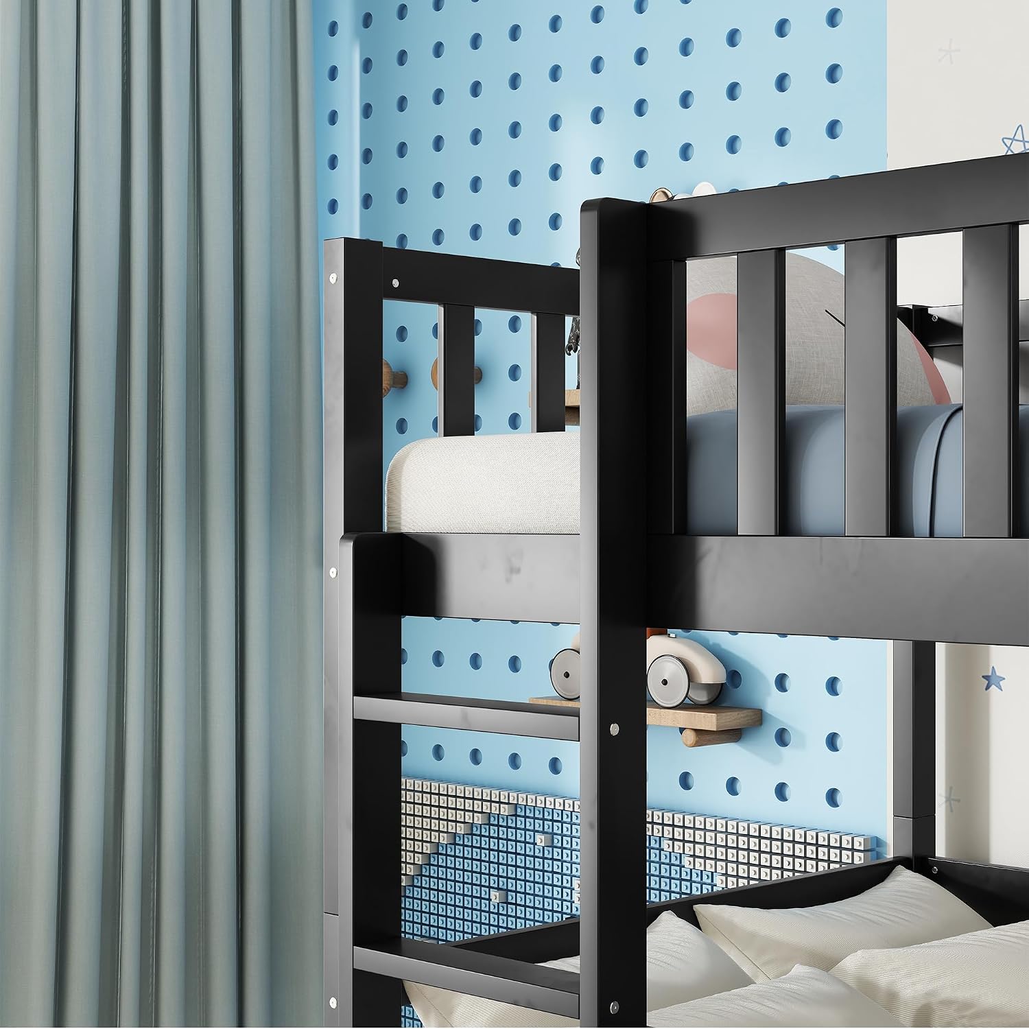 Twin Size Triple Rubber Wood Bunk Bed, Detachable Bunk Bed with Ladders, Guardrails, Twin Over Twin Over Twin for Kids, Black