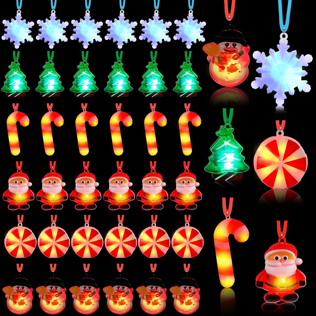 Sumind 200 Pcs Light up Christmas Bulb Necklaces Xmas LED Necklaces Santa Claus Lights Necklace Party Favors Christmas Tree Snowman Snowflake Candy Decorations