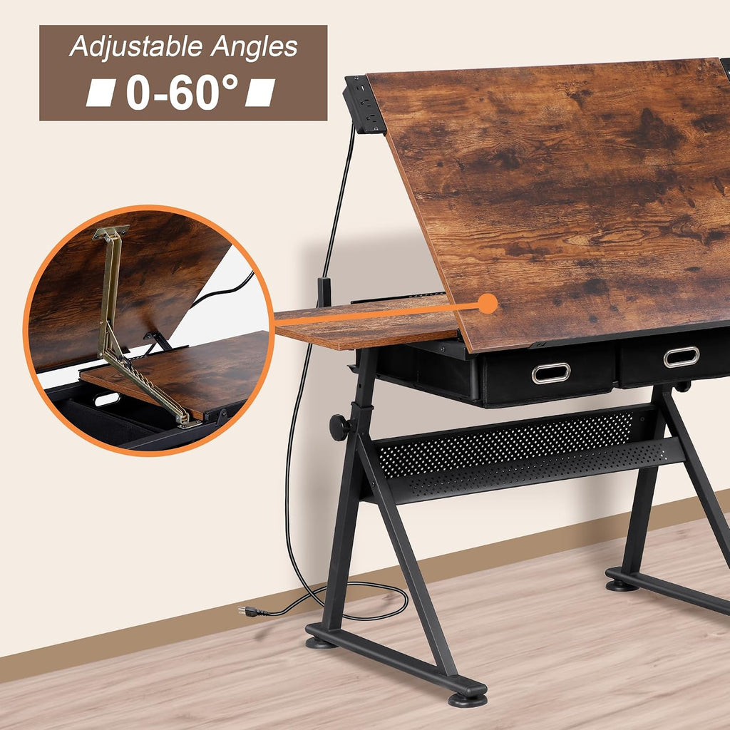 ZENY Adjustable Drafting Table with Stool, Tilting Drawing Desk Artist Table with Storage Drawers, Art Craft Workstation for Home Office Reading, Writing, Crafting