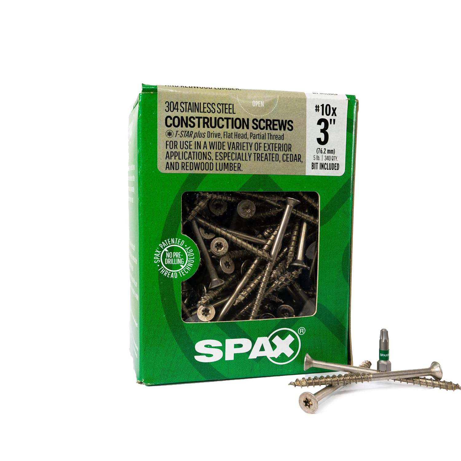 #10 x 3 Exterior Flat Head Construction Wood Screws (340 pcs) T20+ T-Star Plus Stainless Steel