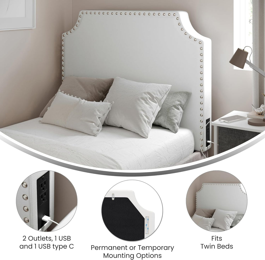 Flash Furniture Adeline Twin Headboard with 2 Outlets, USB Port, USB Type-C Port, Contoured Headboard, Studded LeatherSoft Upholstery, Dual Hanging Options, White