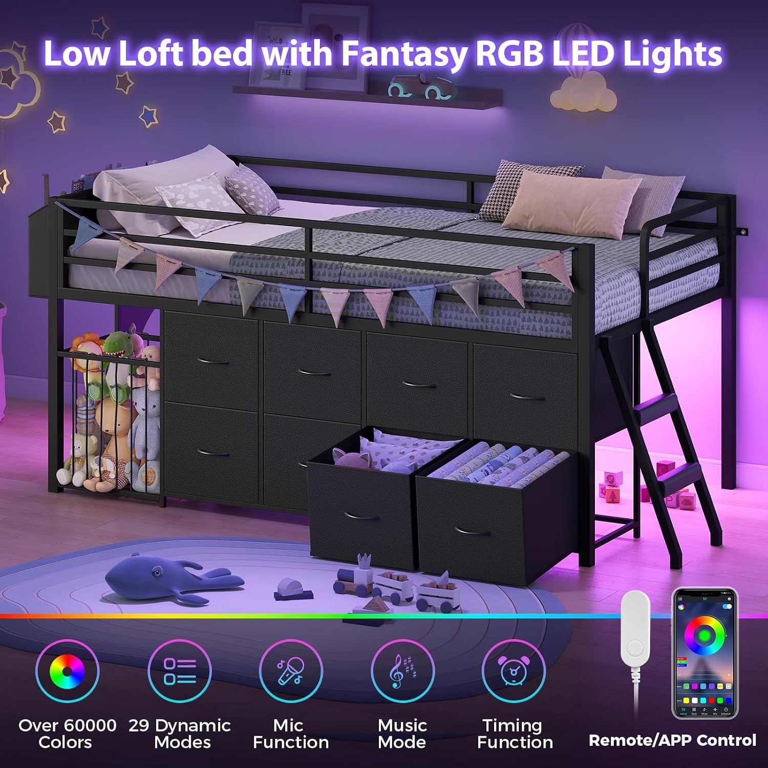 UPOSOJA Twin Size Low Loft Bed with RGB Lights & Play Zone, 8 XL Drawers, Kids Play Loft Bed with 2-Step Ladder & Anti-Tip Kit (Black)