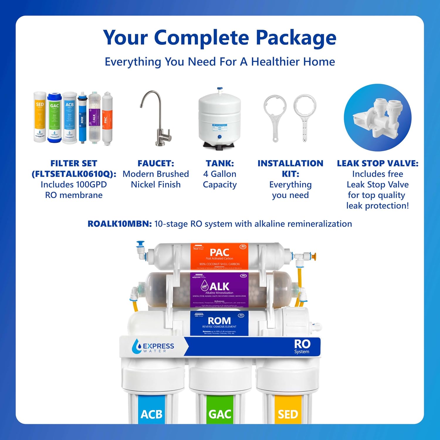 Express Water ROALK10MBN 10-Stage Alkaline Under Sink Reverse Osmosis Water Filter System, NSF Certified 372 & 58, 100 GPD, Reduces 99% of Impurities, BPA Free, Brushed Nickel Faucet