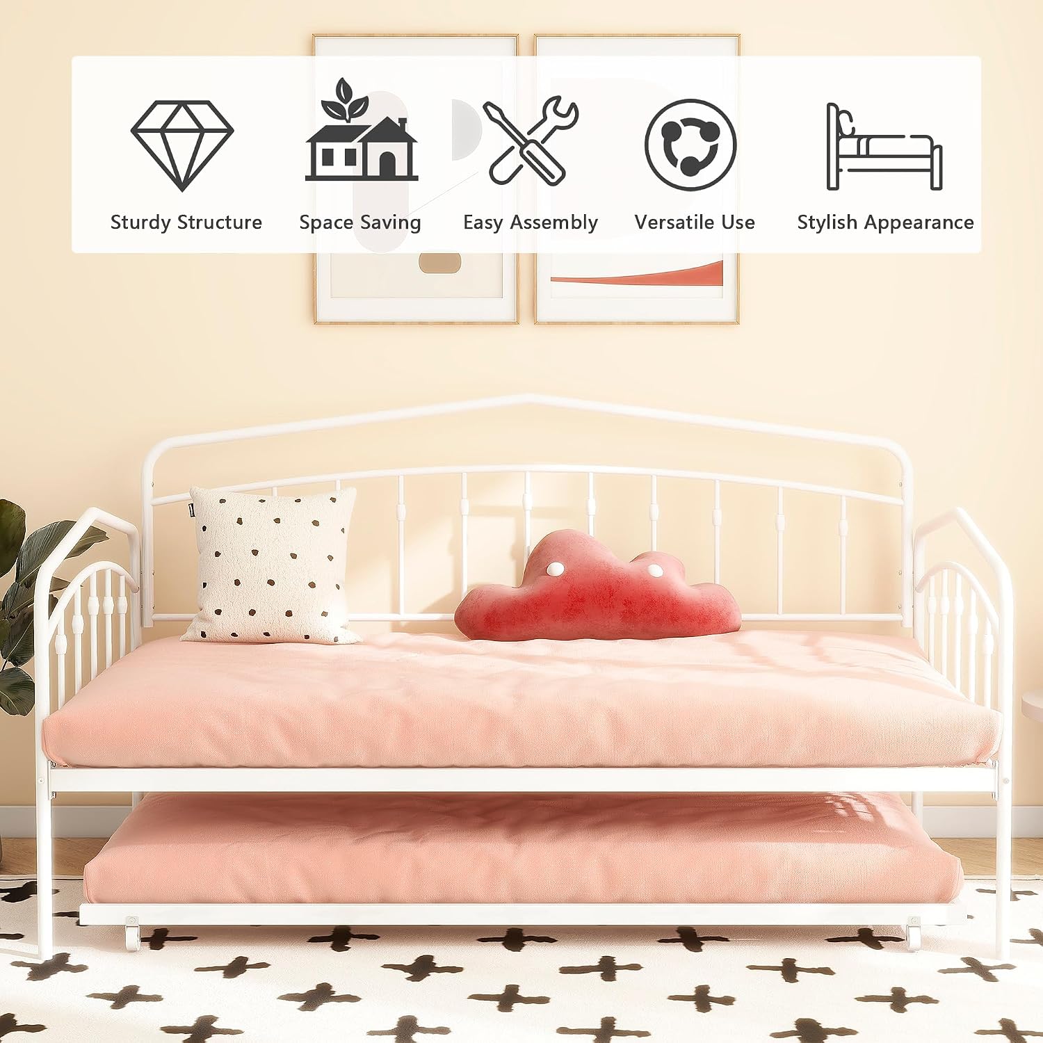 mikibama Twin Daybed with Trundle,Victorian Metal Daybeds with Pull Out Trundle,Vintage Guest Day Bed Frame Twin Size for Living Room,Bedroom,Apartment (Victorian White with Trundle)