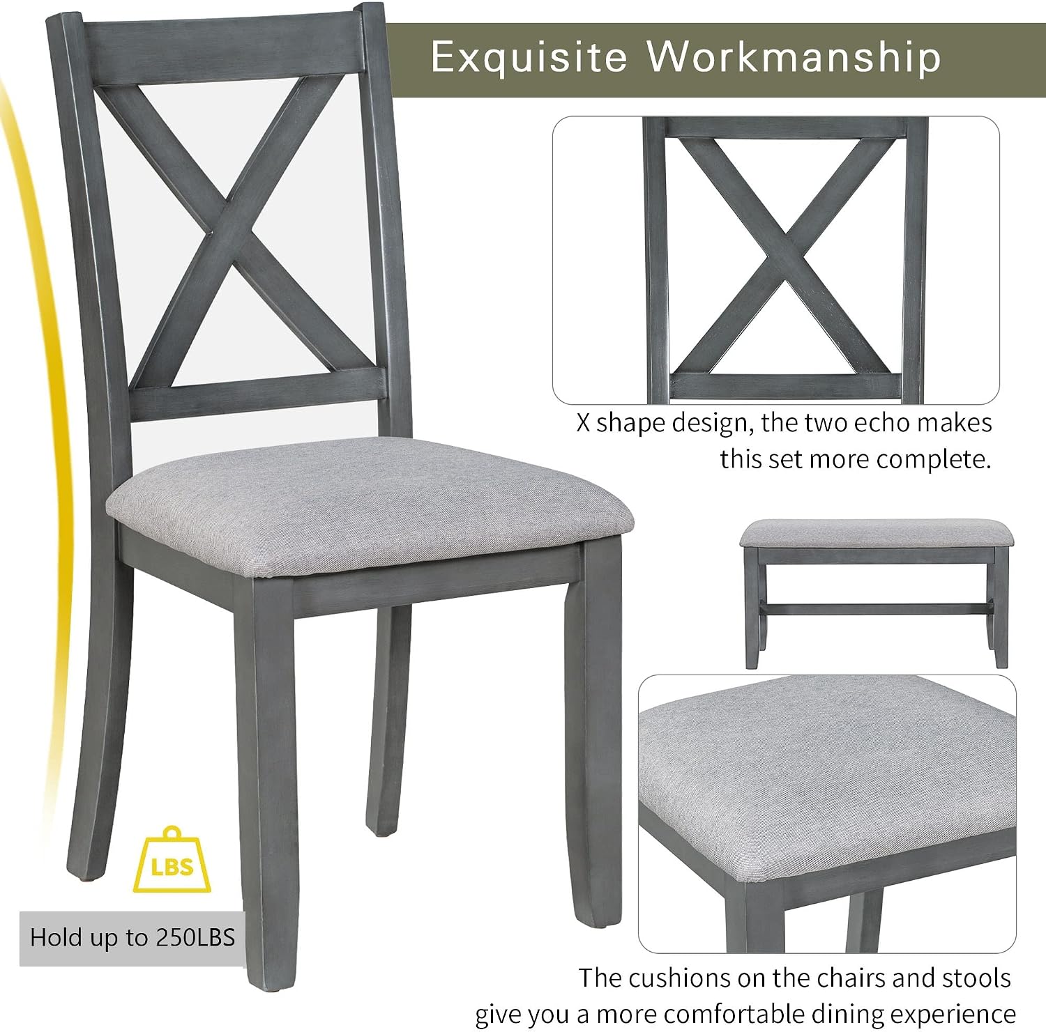 LUMISOL Foldable Kitchen Table Set with Bench and Chairs for 6, 6 Piece Dining Room Table Set with Upholstered Seating and Folding Table