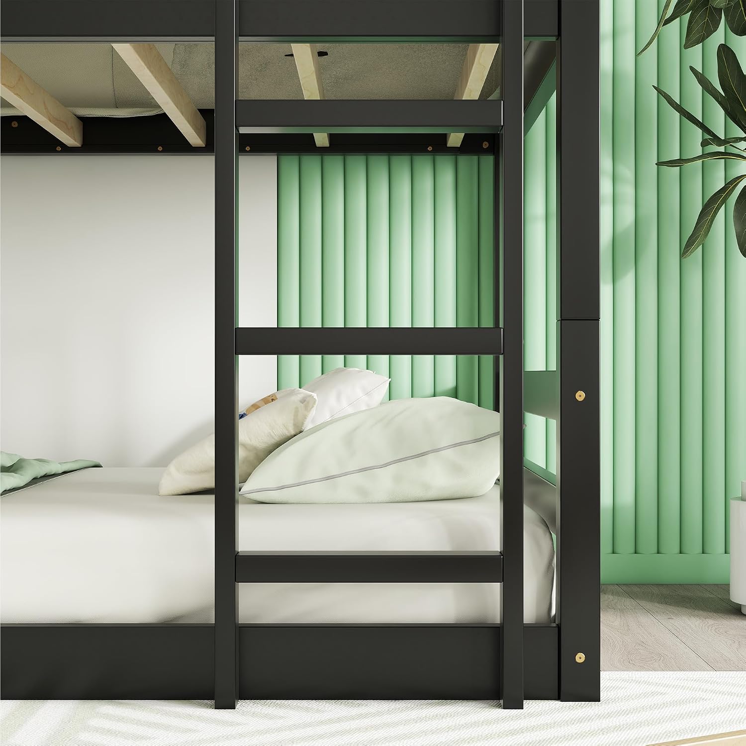 Triple Bunk Bed, Detachable Triple Twin Bunk Bed, 3 Rubber Wood Bunk Bed with Two Built-in Ladders, Guardrails, Twin Over Twin Over Twin for Kids, Black