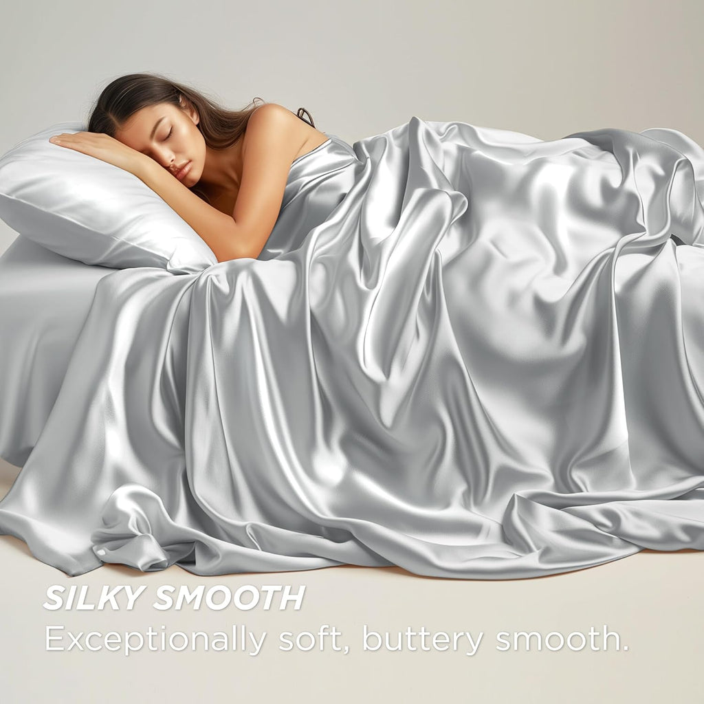 RV King Size 4-Piece Sheet Set Premium Mulberry Silk Bed Sheets Set Fits 14-16' Deep Pocket - Luxurious Soft Silk (Solid, Silver Grey)