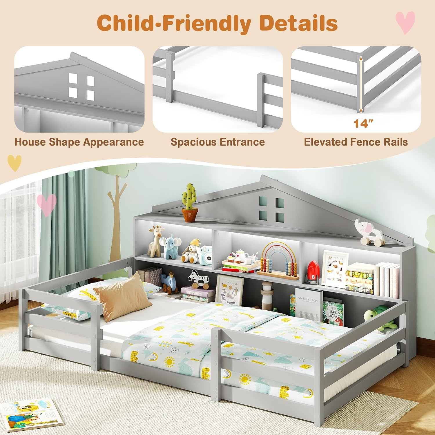 BECOMFORT Twin Floor Bed with LED Lights, 2-in-1 Kids Twin Floor Bed Frame with Bedside Bookcase & Safety Guardrails, Montessori Bed for Boys Girls
