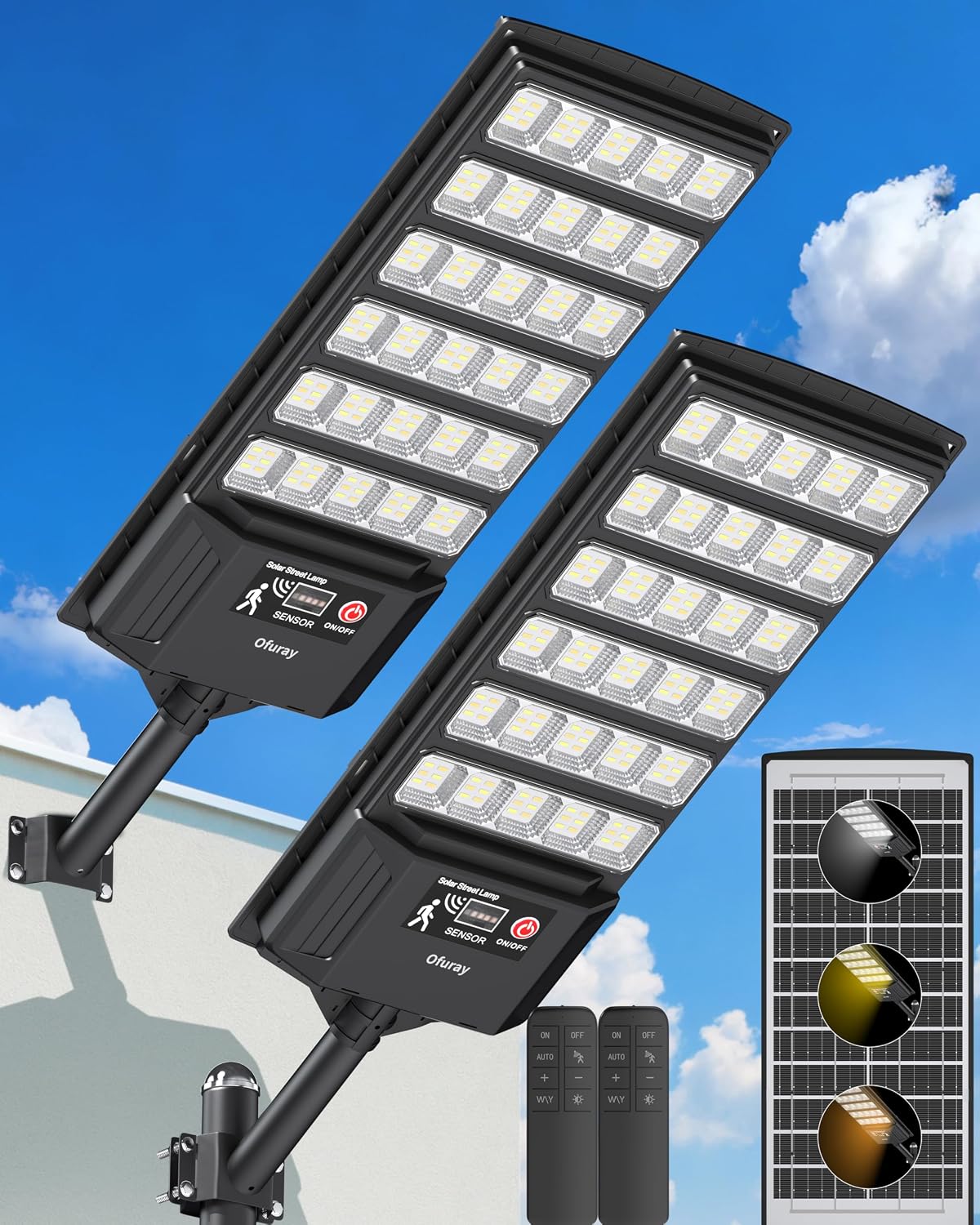 Ofuray Solar Lights Outdoor Waterproof, 3000K/4000K/6500K Dusk to Dawn Solar Security Light with Motion Sensor & Remote Control, IP66 Waterproof High Power LED Lighting for Wall,Yard,Outside Tri-2P