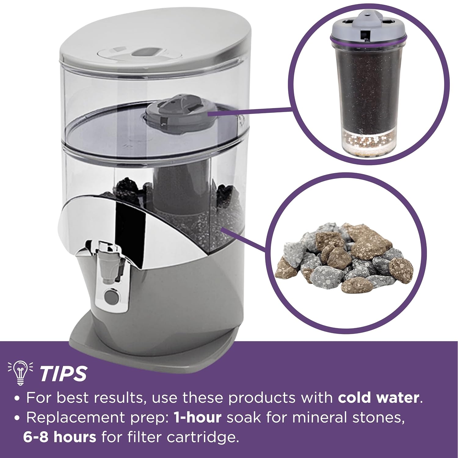 Gravity Water Filter Cartridge Replacement 13845 & Mineral Stones 13562 (Formerly 13846) for Nikken Water Filter Replacement PiMag, Mineral Rocks Filter Replacement for Waterfall Alkaline Dispenser