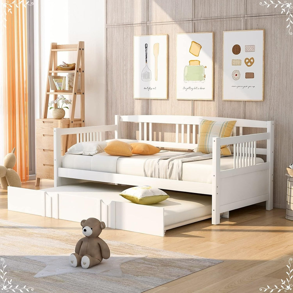 Twin Metal Platform Bed Frame, White Bed Set Solid Wood Bohemian Sofa Bed with Slats Daybed with Trundle for Teen Adult Bedroom Living Room