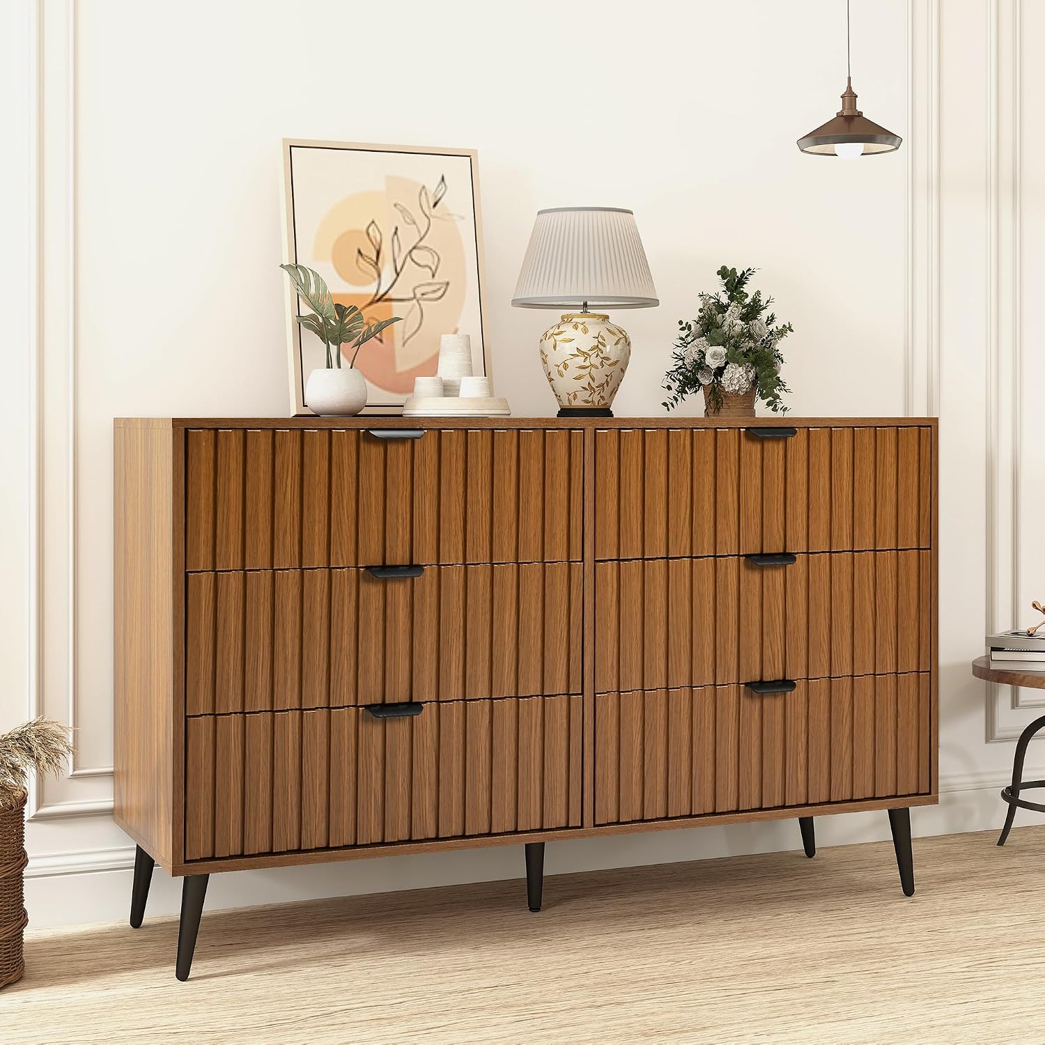Fluted Dresser for Bedroom, 47'' Wide Modern Chest of Drawers, 6 Drawer Dresser TV Stand, Natural Wood Drawer Organizer for Bedroom, Living Room, Hallway, Walnut