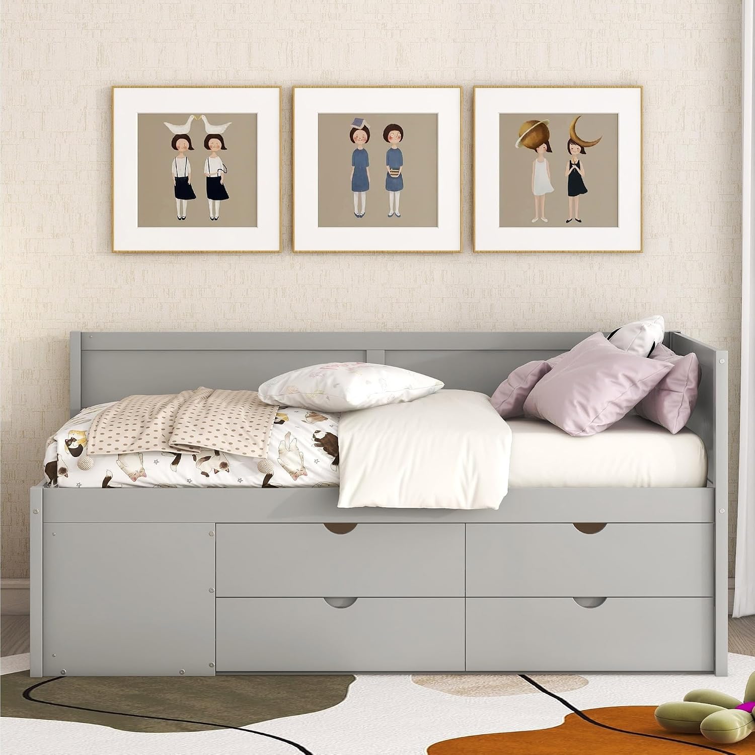 Twin Size Daybed with 4 Pull-Out Drawers and 3 Functioning Shelves,Solid Wood Day Bed Frame with Wooden Slats Support for Bedroom,No Box Spring Required (Gray-AB40)