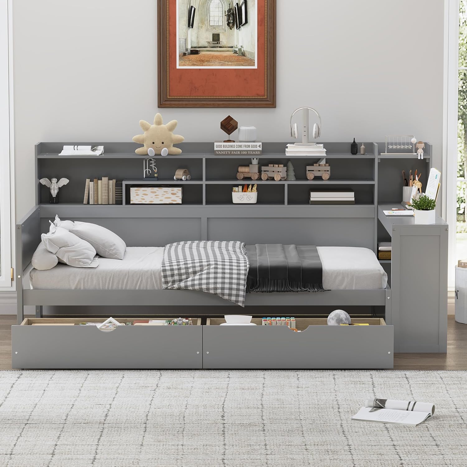 Mirightone Corner Twin Bed Frame with Bookcase Storage and Desk, Wood Day Beds with 2 Drawers, Twin Size Daybed with Storage for Living Room,Bedroom & Guest Room, Gray
