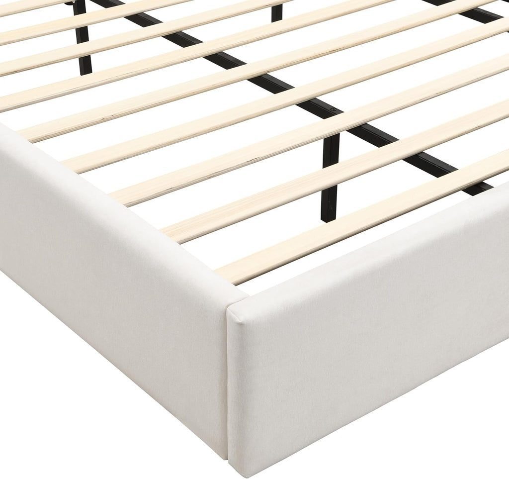 Merax Queen Size Chenille Upholstered Bed Frame with Wide headboard and Small Reading Lamp and Side Nightstand for Adults, Heavy Duty Steel Center Beam for Support, No Box Spring Needed, White