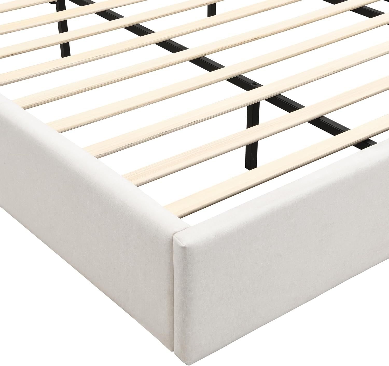 Merax Queen Size Chenille Upholstered Bed Frame with Wide headboard and Small Reading Lamp and Side Nightstand for Adults, Heavy Duty Steel Center Beam for Support, No Box Spring Needed, White