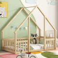 JIVOIT House Bed Twin Size Floor Bed, Wood House-Shaped Floor Bed with Fence Guardrails, Wood House Roof Frame, Montessori Bed Frame (Natural-Twin,129)