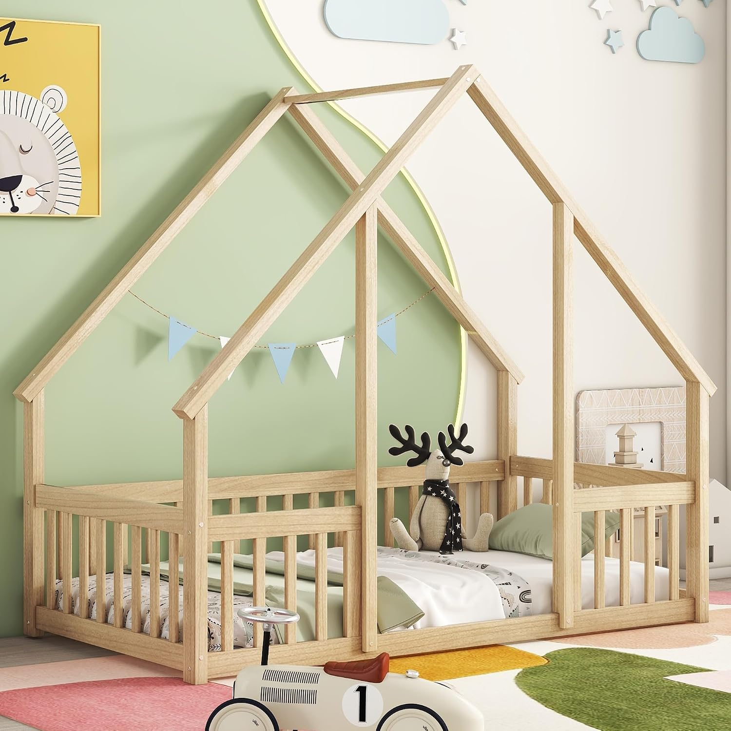 JIVOIT House Bed Twin Size Floor Bed, Wood House-Shaped Floor Bed with Fence Guardrails, Wood House Roof Frame, Montessori Bed Frame (Natural-Twin,129)