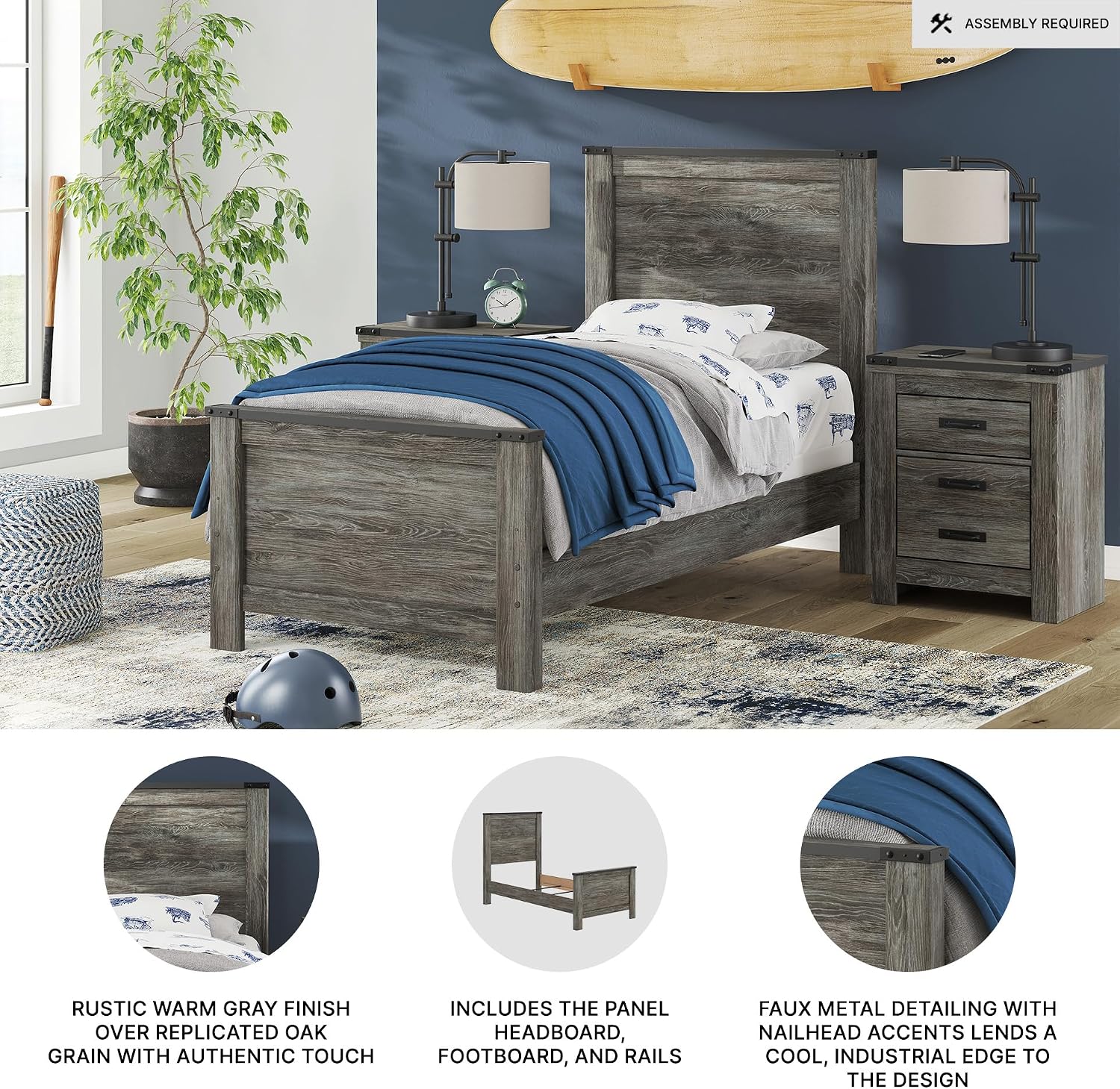 Signature Design by Ashley Frandern Industrial Panel Bed with Nailhead Accents, Foundation or Box Spring Needed, Twin, Gray