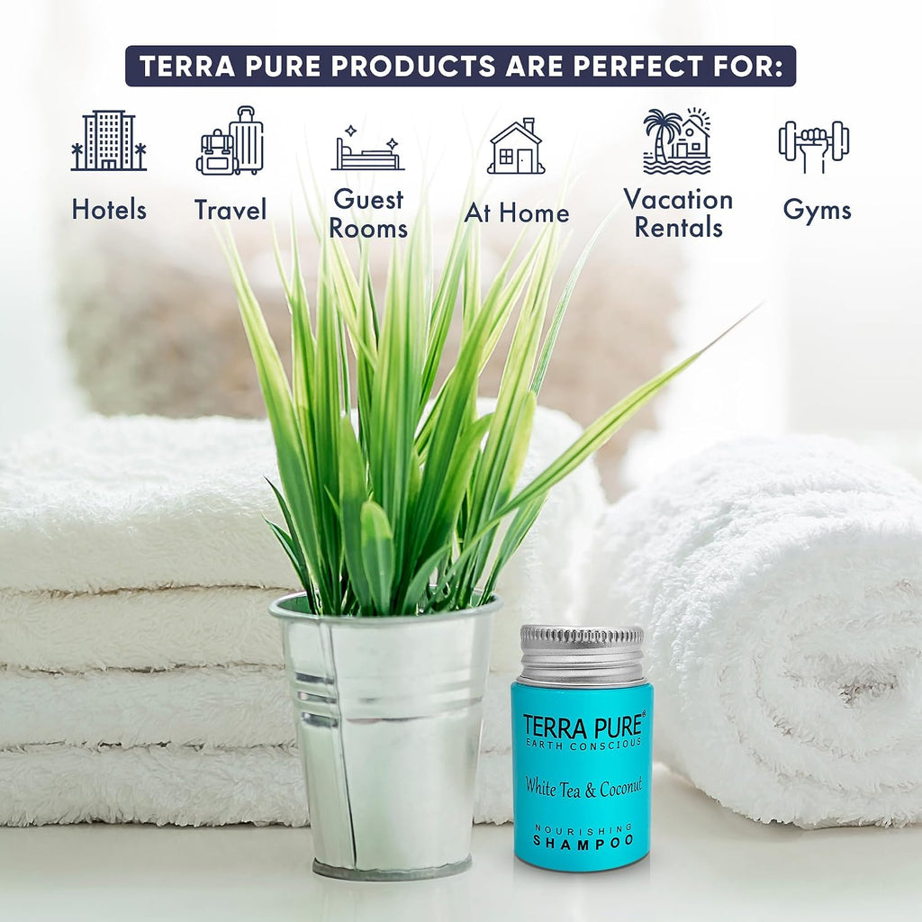 Terra Pure Travel Size Hotel Shampoo 300 Count 1 oz Bottles Guest Amenities for Hotels Vacation Rentals and Short Term Rentals Paraben Free White Tea and Coconut Scent Infused with Aloe & Olive Oil