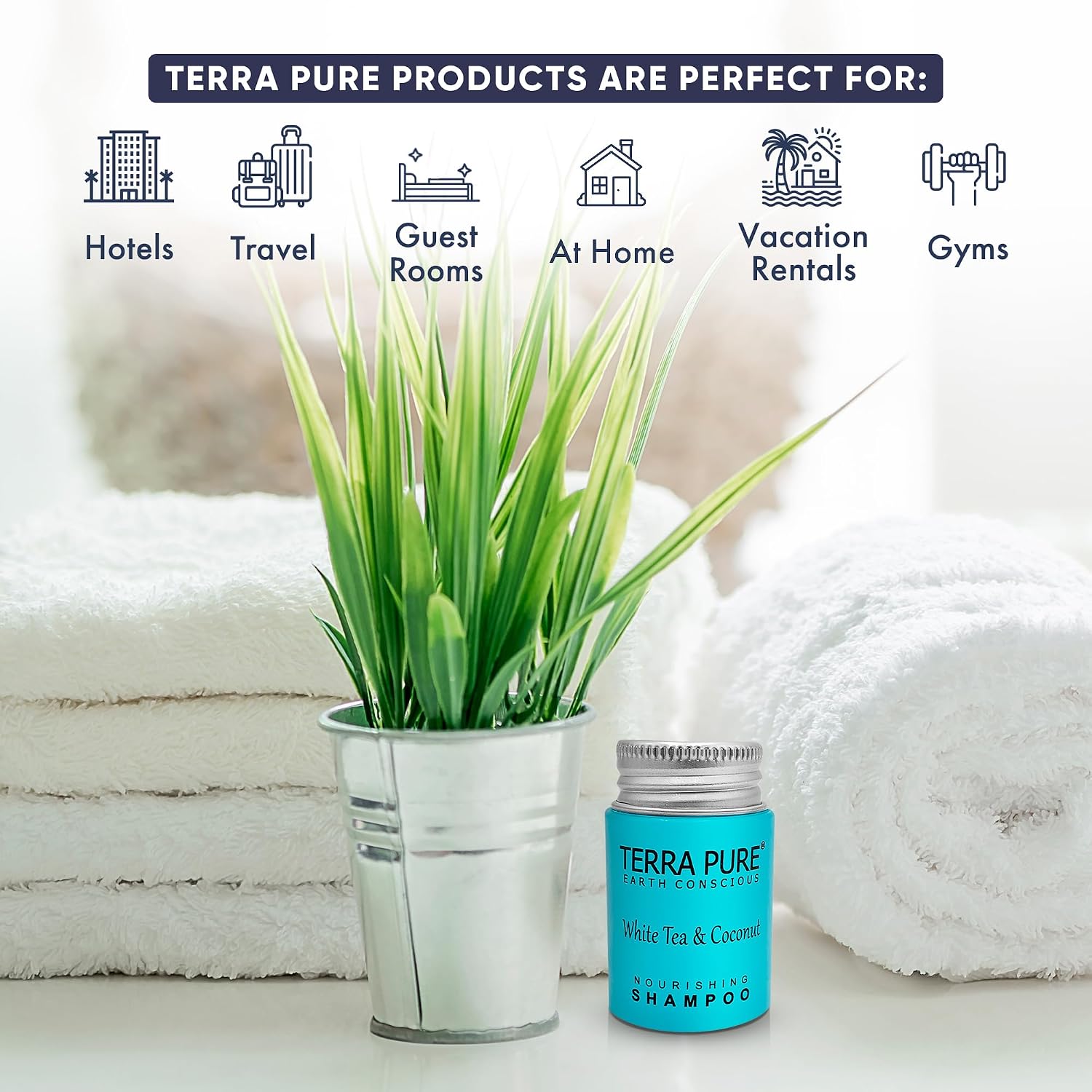 Terra Pure Travel Size Hotel Shampoo 300 Count 1 oz Bottles Guest Amenities for Hotels Vacation Rentals and Short Term Rentals Paraben Free White Tea and Coconut Scent Infused with Aloe & Olive Oil