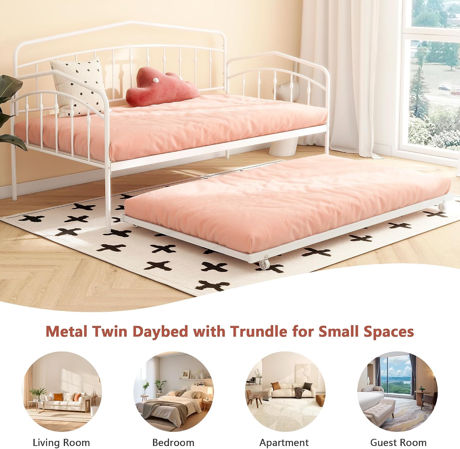 mikibama Twin Daybed with Trundle,Victorian Metal Daybeds with Pull Out Trundle,Vintage Guest Day Bed Frame Twin Size for Living Room,Bedroom,Apartment (Victorian White with Trundle)