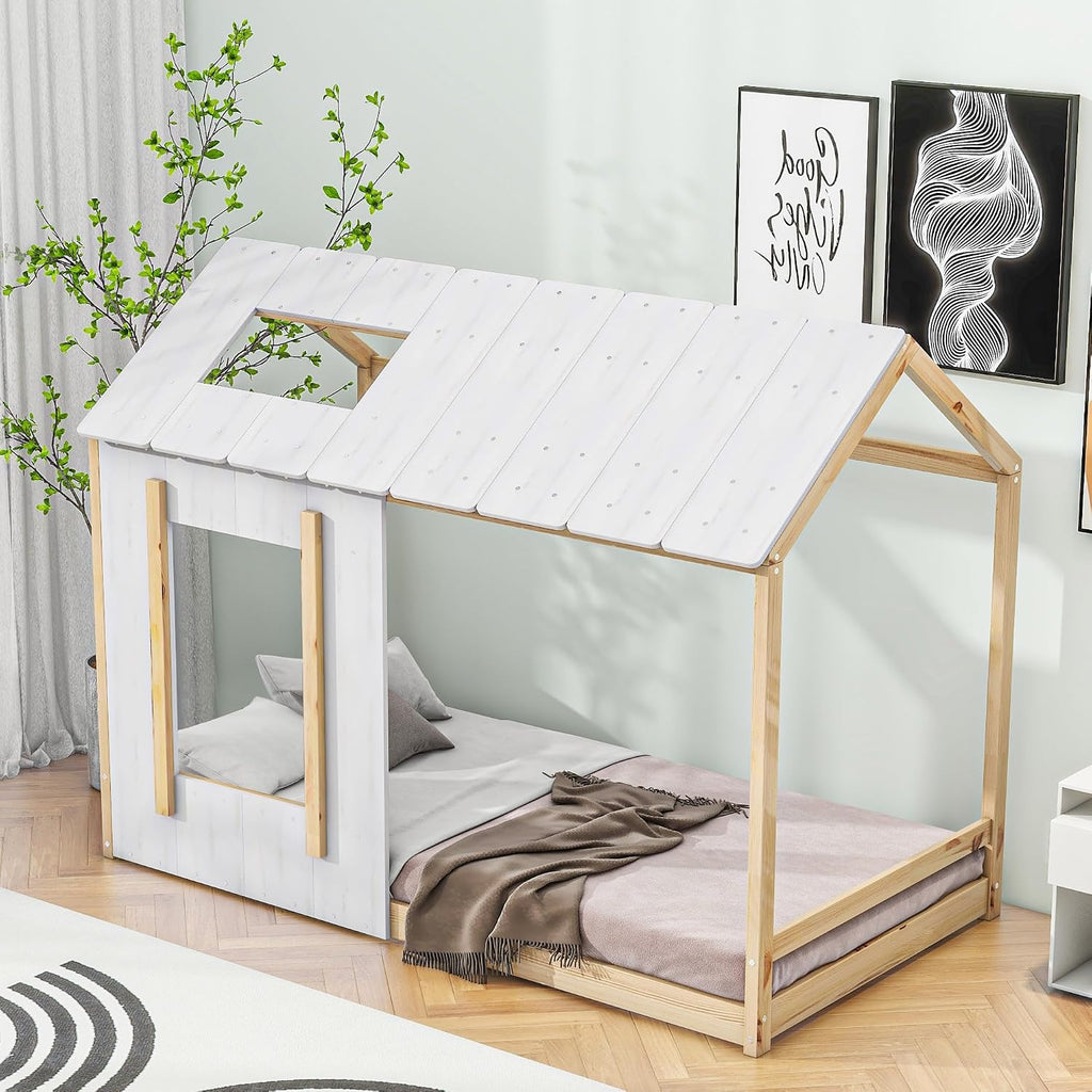 JIVOIT House Platform Bed with Roof and Window, Twin Size Kids House Bed Wood Bed Frame, Low Floor Bed for Toddler Kids Teens Boys Girls (Natural+Antique White)