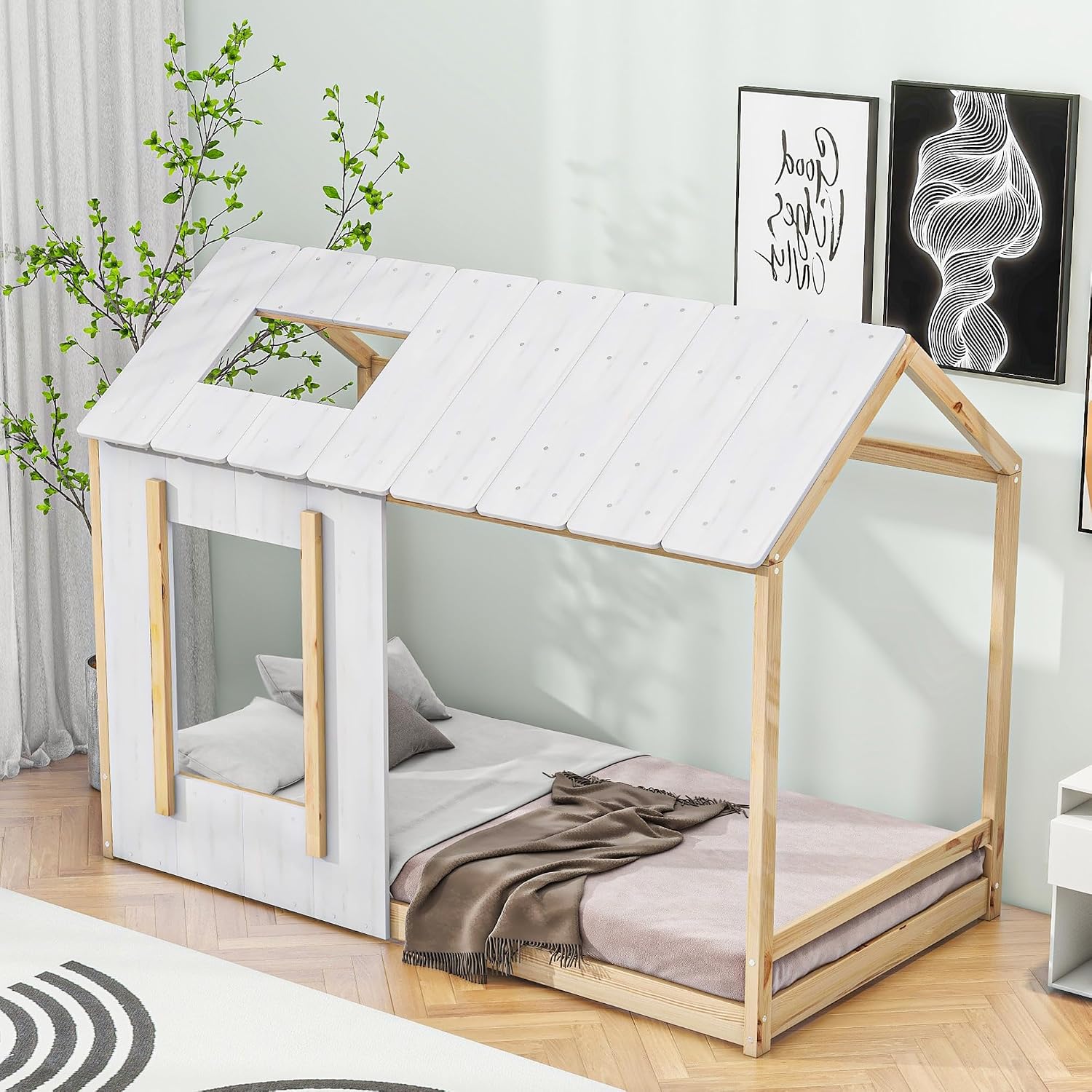 JIVOIT House Platform Bed with Roof and Window, Twin Size Kids House Bed Wood Bed Frame, Low Floor Bed for Toddler Kids Teens Boys Girls (Natural+Antique White)