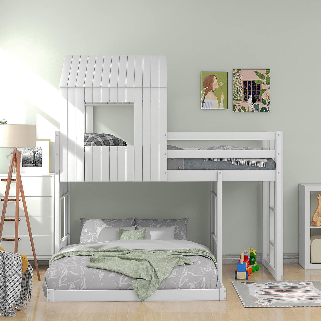 Twin Over Full Bunk Beds for Kids Toddlers, Wooden Play Farm House Bunk Bed with Roof Window Guardrail Ladder, for Girls Boys, No Spring Box Required (White-BUNK Bed-Twin-Full-4)