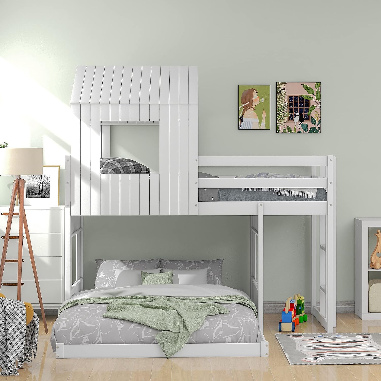 Twin Over Full Bunk Beds for Kids Toddlers, Wooden Play Farm House Bunk Bed with Roof Window Guardrail Ladder, for Girls Boys, No Spring Box Required (White-BUNK Bed-Twin-Full-4)