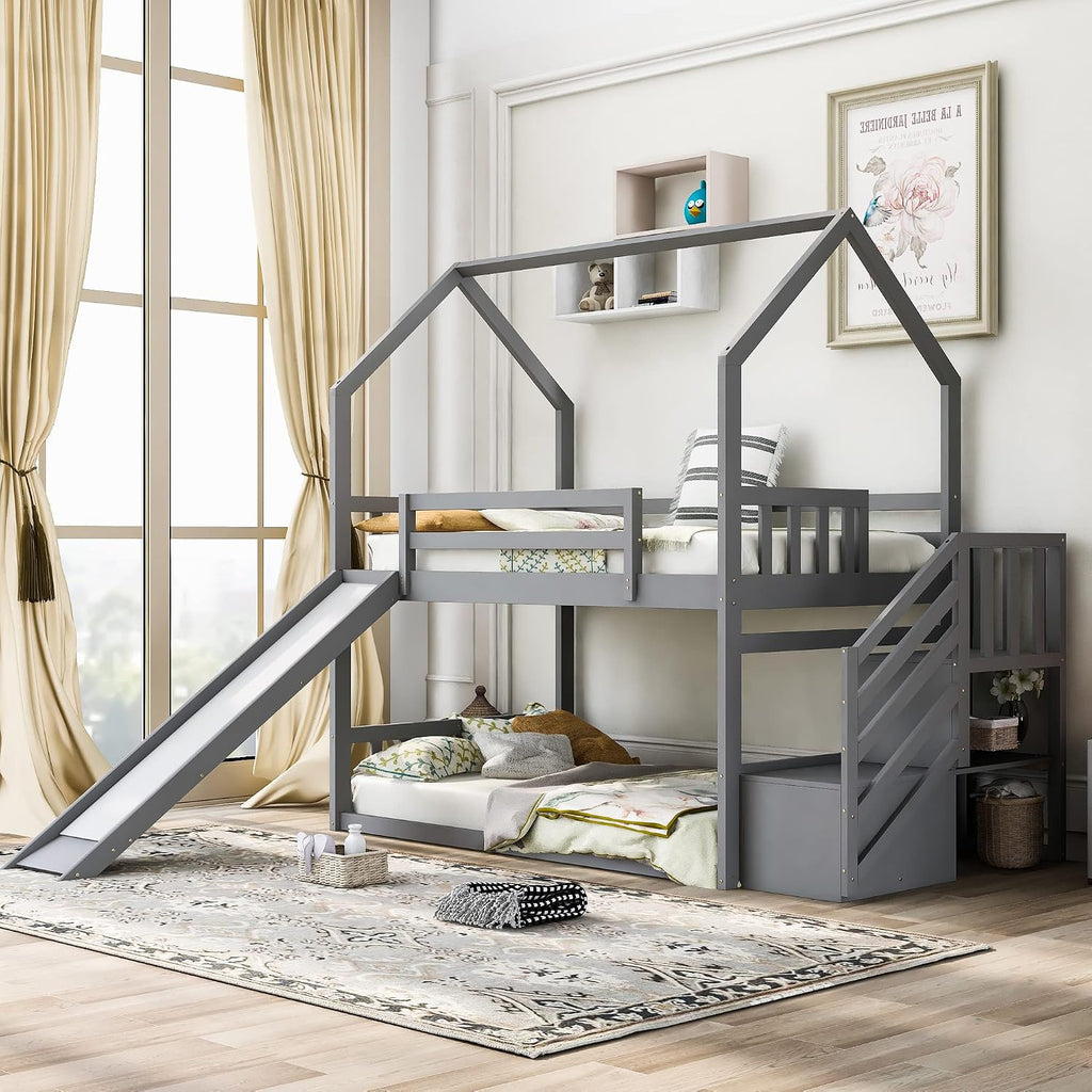 Wood House Bunk Bed for Kids Toddlers, Twin Over Twin Bunk Bed with Convertible Slide, Storage Staircase Can be Placed Left or Right, No Spring Box Required (Gray+House03)