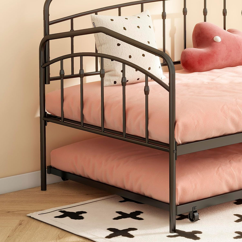 Twin Daybed with Trundle,Metal Sofa Bed Set,Rollaway Daybed Couch Bed Frame for Bedroom Living Room Guest Room Black