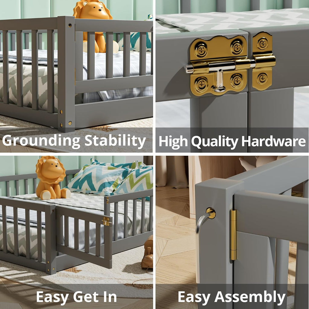 i-POOK Full Floor Bed for Children, Sturdy Wood Montessori Bed Frame with Wood Slats, Fence & Door for Girls and Boys, Gray (with Bed Slats)