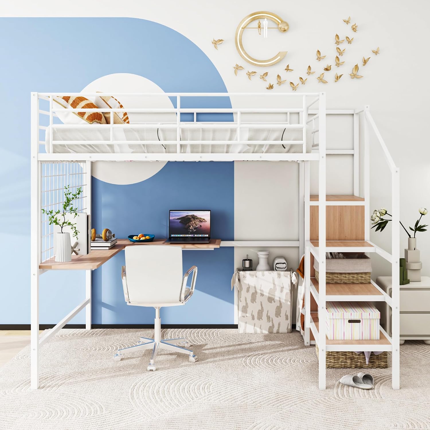 Metal Loft Bed with L-Shape Desk and Metal Grid, Lateral Storage Ladder and Wardrobe, Full Size Metal Frame Bed with Metal Slat Support and Guardrail, No Box Spring Needed (White-Wardrobe,Full)