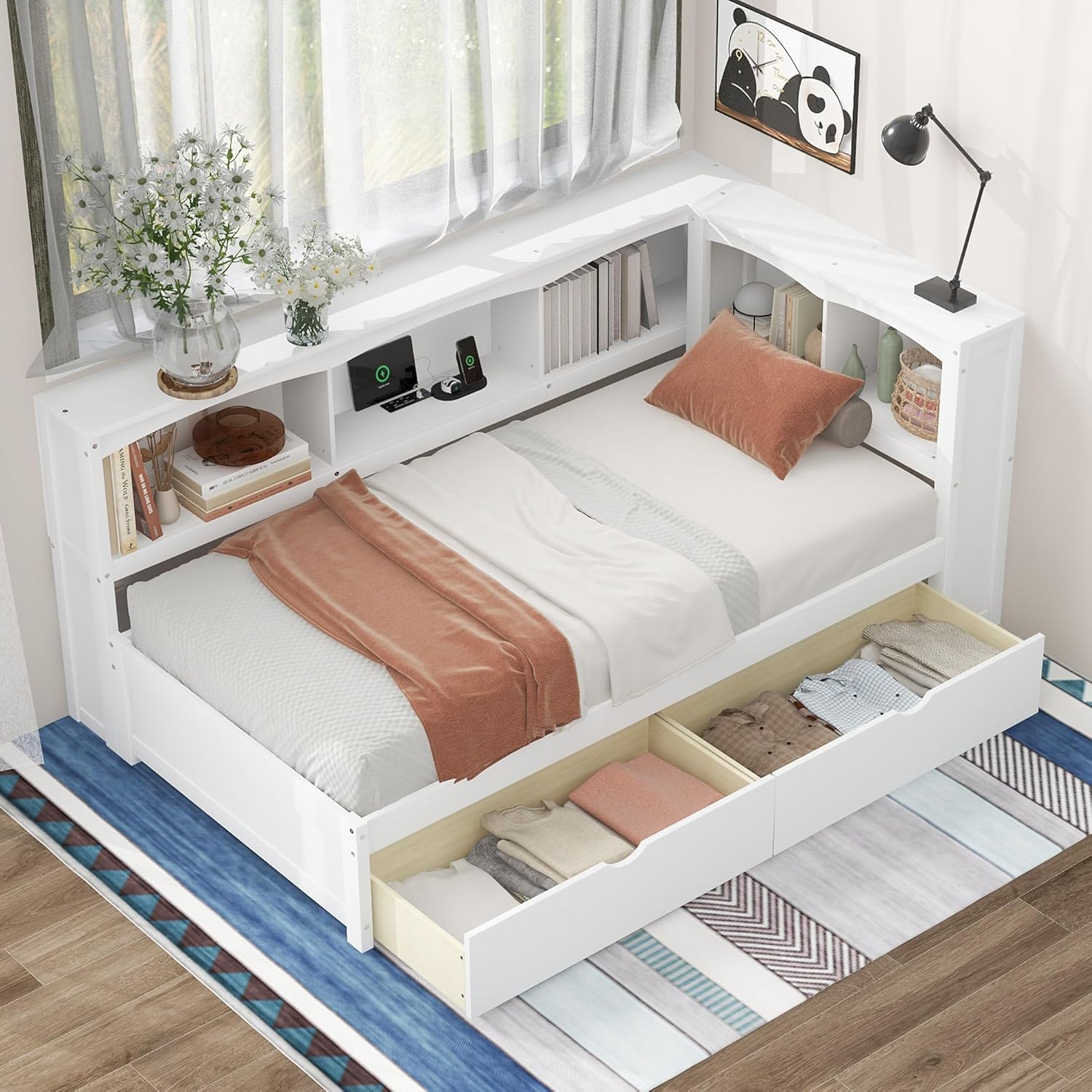 Modern Twin Size Daybed with 2 Storage Drawers, Multifunctional Solid Wood Sofa Bed Frame with Storage Cabinets, USB Portsand and Built-In Charging Station for Living Room,Guest Room (White-186J)