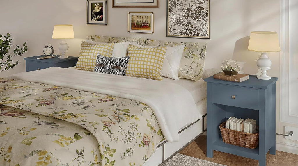 ChooChoo Farmhouse Nightstand Set of 2,Night Stand with Charging Station, Wooden Top Bedside End Table with Drawer and Storage Space for Bedroom, Blue