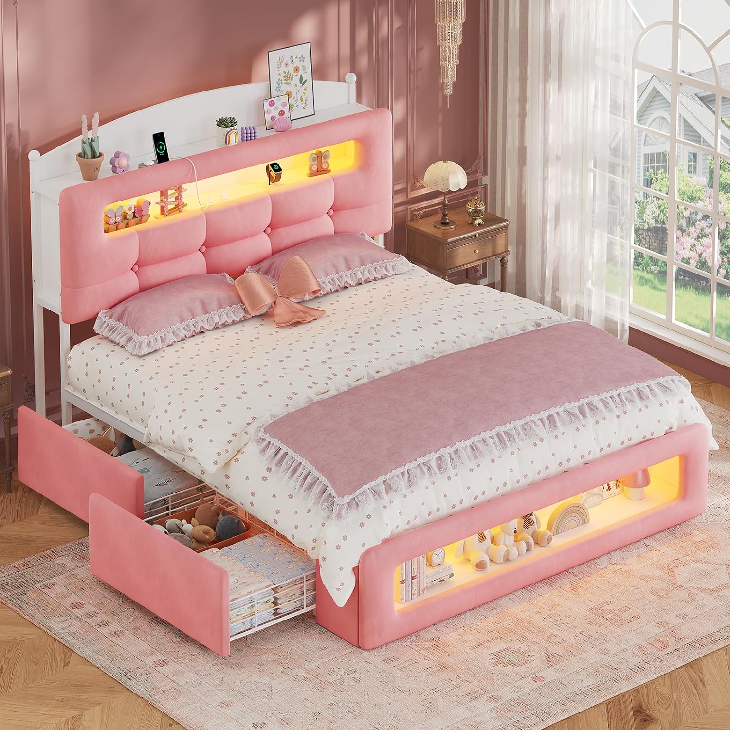 UPOSOJA Full Size Upholstered Platform Bed Frame with 2 Drawers LED Lighting, Storage Headboard and Footboard, Remote/App Control, No Box Spring Needed,Pink,(Full)