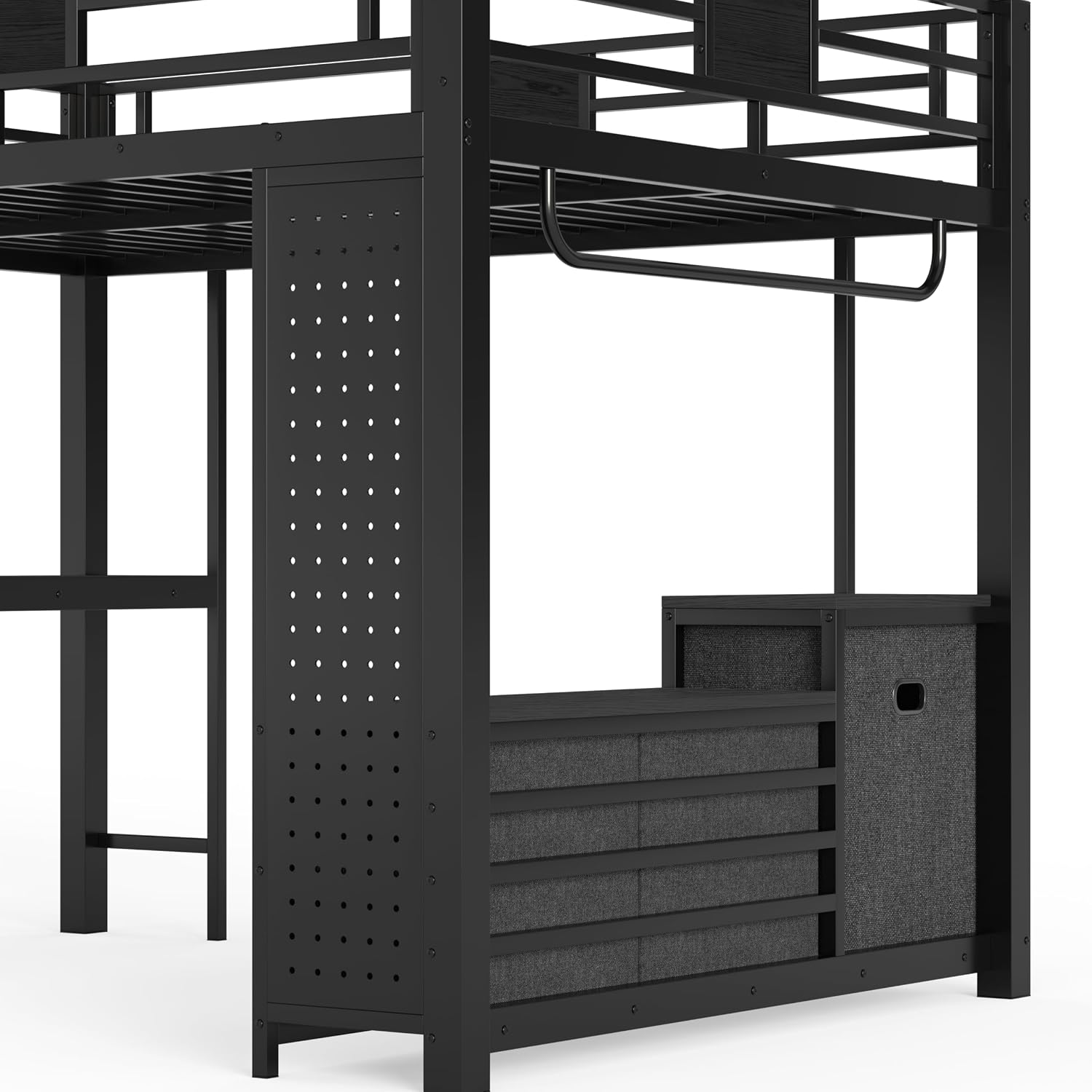 JIVOIT Queen Size Loft Bed with Desk & Shelves, All-in-One Loft Bed with Built-in Workstation & Storage, Space-Saving Metal Loft Bed with Cothesline Pole, Storage Pegboard, Laundry Bag
