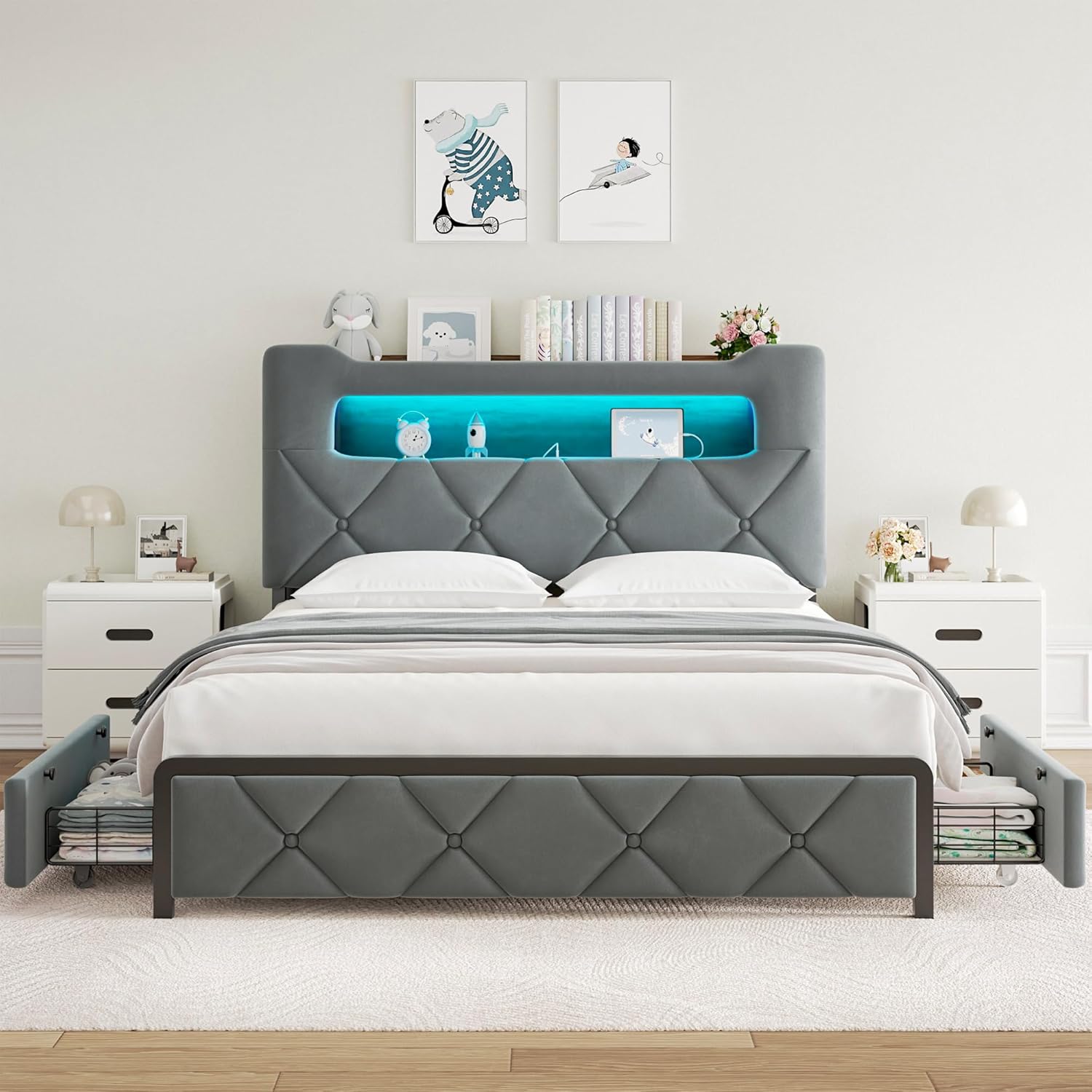 Jocoevol Full Upholstered LED Bed Frame with 2 Storage Drawers and 2-Tier Storage Headboard, Velvet Platform Bed with Charging Station & Bookcase, Corner Bed Frame, Heavy Duty Metal Support, Grey