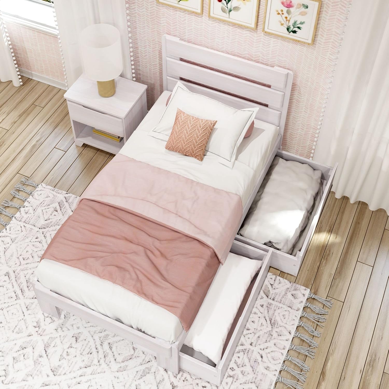 Max & Lily Modern Farmhouse Bed with Plank Headboard and Storage Drawers, Twin, White Wash