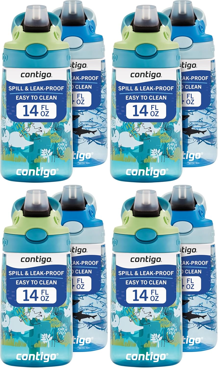 Contigo Aubrey Kids Water Bottle,14oz,Dinos & Sharks,Spill-Proof Lid,Dishwasher Safe,Blue & Green,(Pack of 8)
