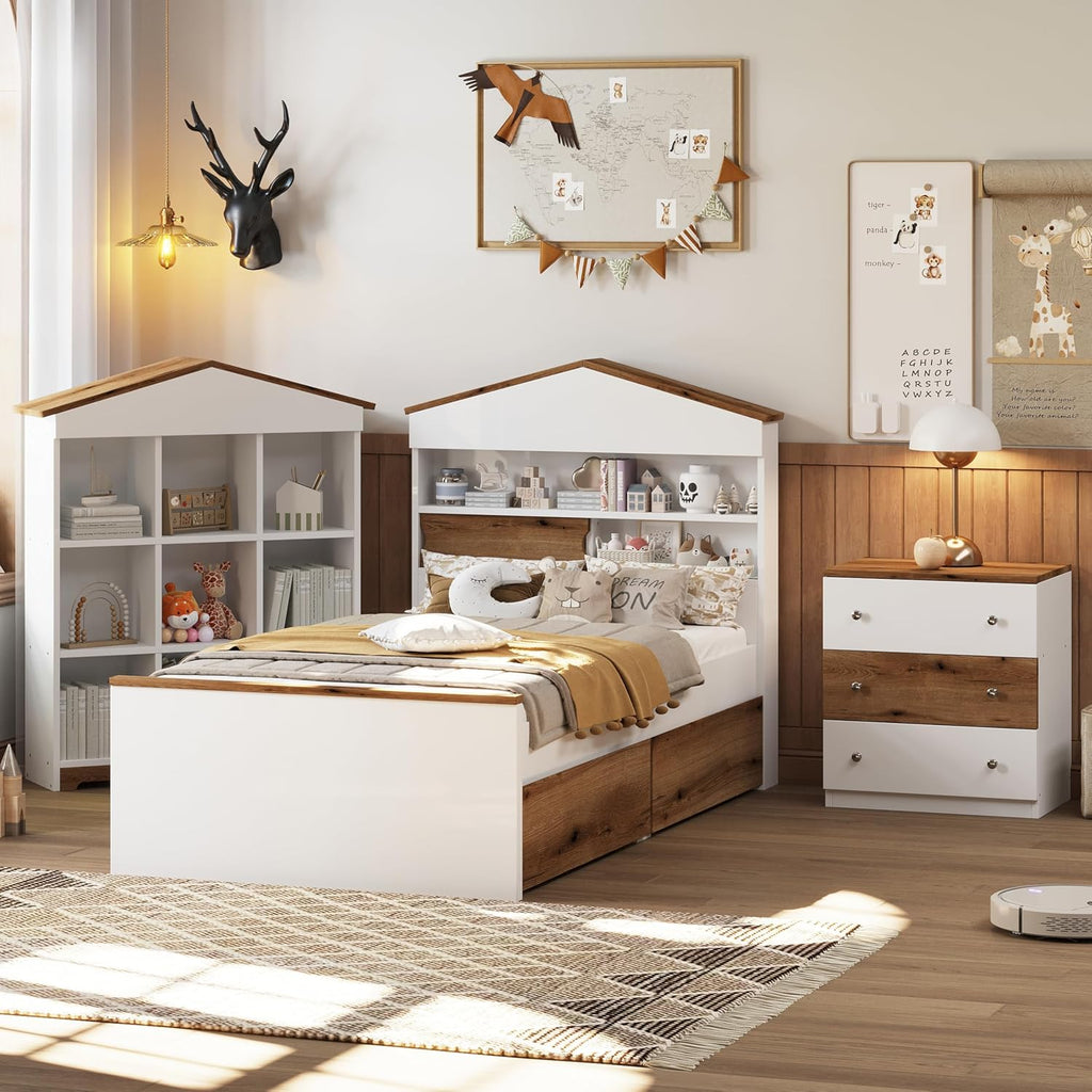 3 Pcs Bedroom Sets, Twin Size House Shaped Wooden Bed with Storage Drawers, Nightstand with Colorblock Design and House Shaped Stroage Rack, Brown+White
