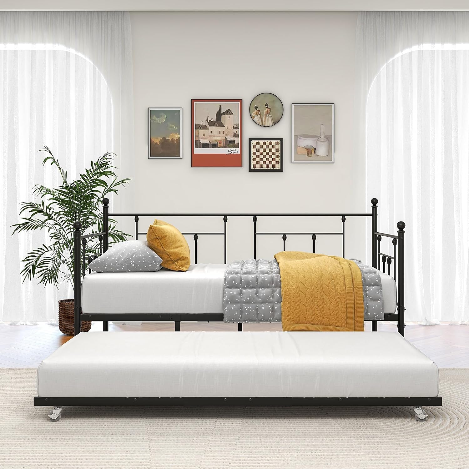 Twin Size Daybed Metal Frame with Trundle Set, Twin Day Bed Sofa, Daybed and Roll Sofa Bed for Guest Room, Bedroom, Living Room, Style, Black