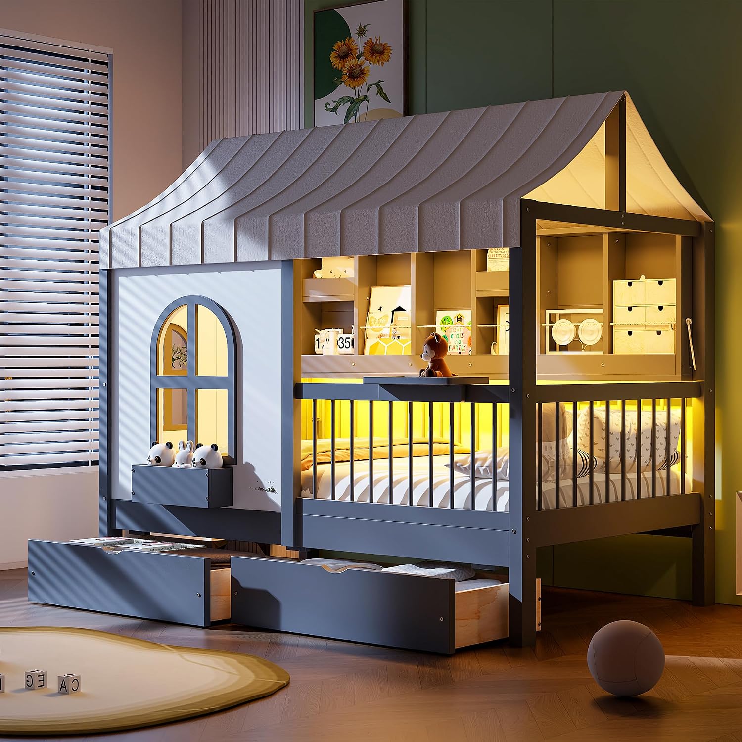 Polibi Twin Size House Bed with 2 Large Drawers, Side Bookshelf with LED Strip, Built-in Charging Board & Soft Tent, Gray Wooden Kids House Bed with Ultra-High Guardrails for Safe Sleep