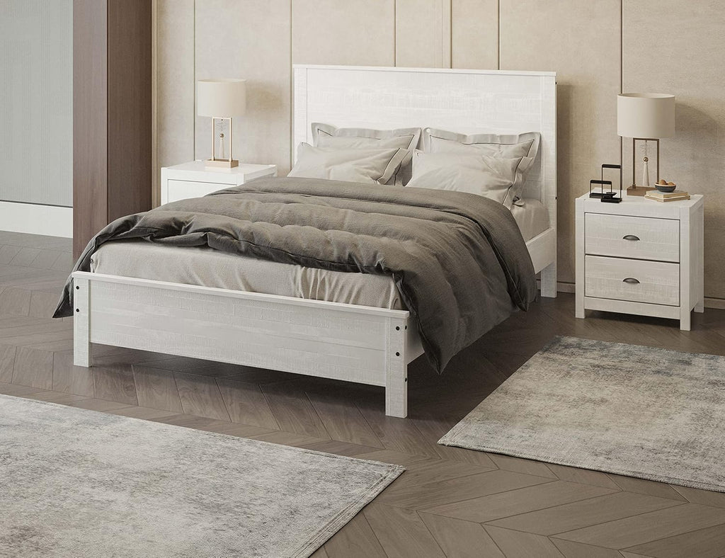 3 Pcs Twin Bed Set, Heavy Duty Solid Wood Twin Size Bed e with Bedside Table Set of 2, White