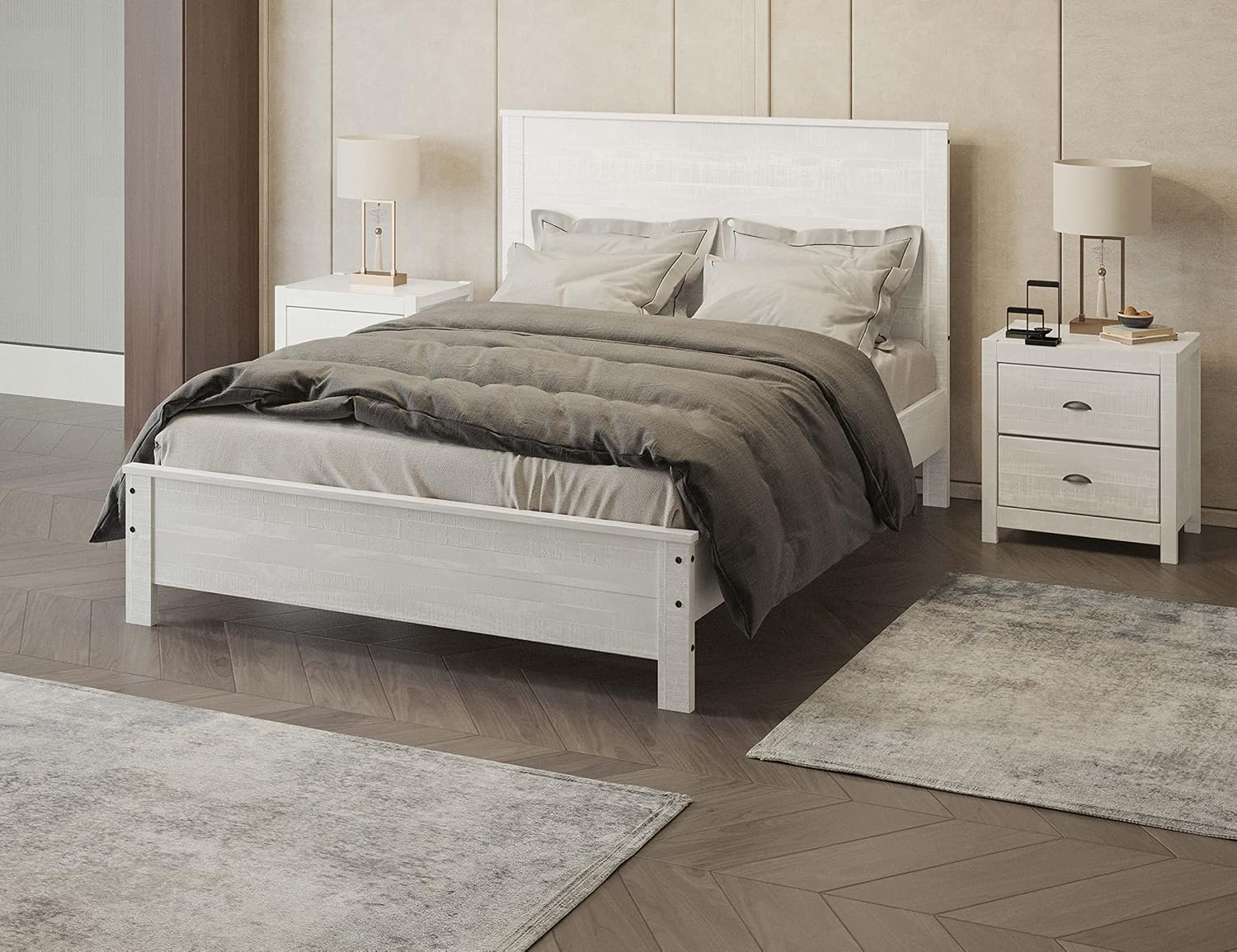 3 Pcs Twin Bed Set, Heavy Duty Solid Wood Twin Size Bed e with Bedside Table Set of 2, White