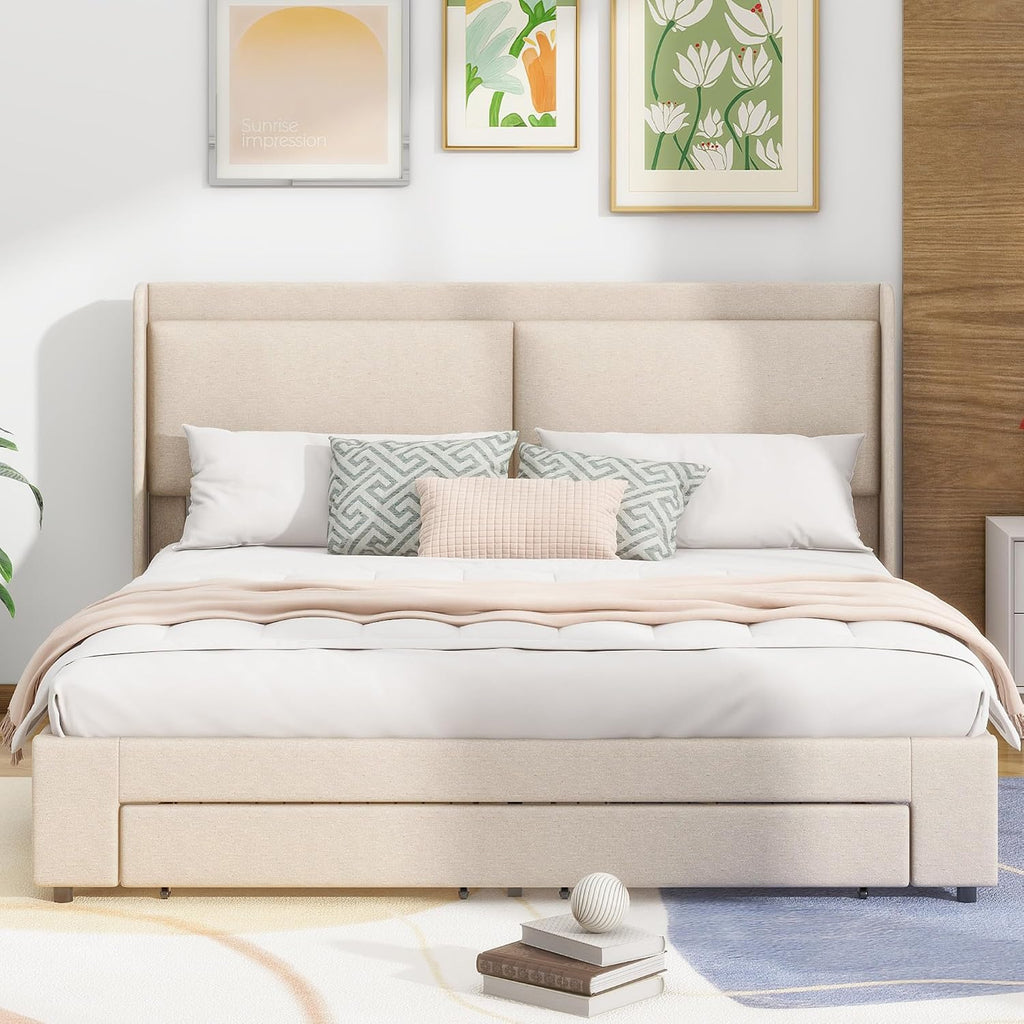 Queen Size Lift Up Storage Bed with Storage Ottoman, Queen Bed Frame with Tufted Headboard/Hydraulic Storage, 2-Pieces Queen Bedroom Sets, Easy Assembly, Pink(Beige with Drawer,Queen)
