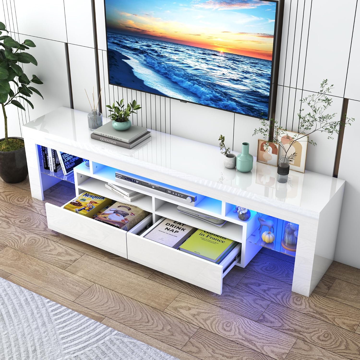 Vinctik 6&Fox LED TV White Stand for 55/60/65inch TV,Modern Entertainment Center with 2 Storage Drawers and LED Light, High Glossy TV Console,TV Table Media Furniture (63inch, White 1)